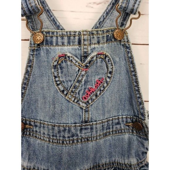VINTAGE OshKosh Blue Jean Ruffle Heart Overall Dress Size 18 Months - Picture 4 of 6